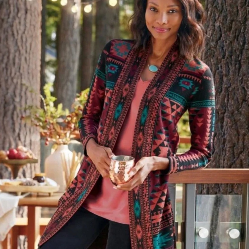 🆕 SOFT SURROUNDINGS Iola Jacquard Cardigan / Duster - Black Dahlia - XS - NWT